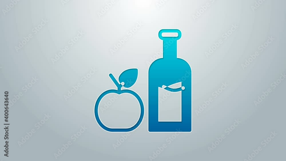 Blue line Apple cider bottle icon isolated on grey background. Beverage glass bottle. 4K Video motion graphic animation Blue line Apple cider bottle icon isolated on grey background. Beverage glass bottle. 4K Video motion graphic animation