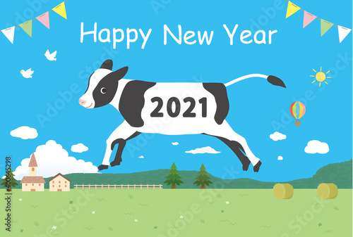 2021　丑年　年賀状　牧場とジャンプする牛