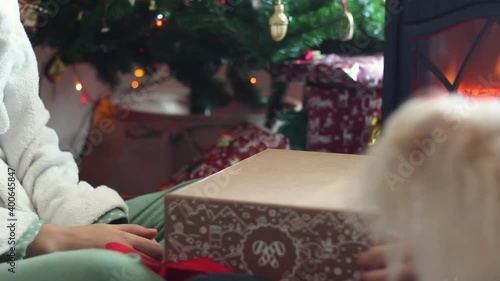 Sisters opening Christmas gift by the Christmas tree with curious dog