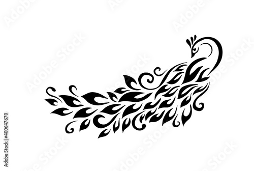 Graphic monochrome peacock. Vector illustration