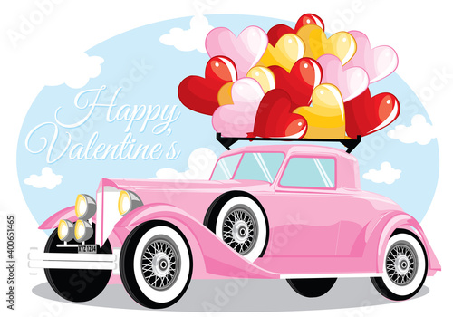 Happy valentine day with pink wedding car and love balloon. Happy valentine day card.