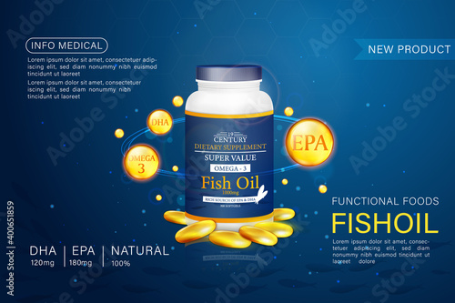 Fish oil ads template, omega-3 softgel with its package. Deep sea background. 3D illustration.