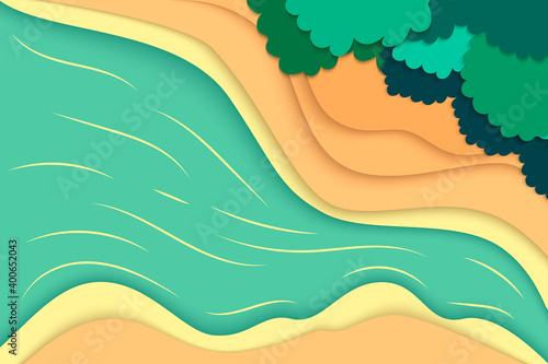 Top view of green forest canopy,river and clouds background.Nature and environment conservation creative idea concept of paper art style.Vector illustration.