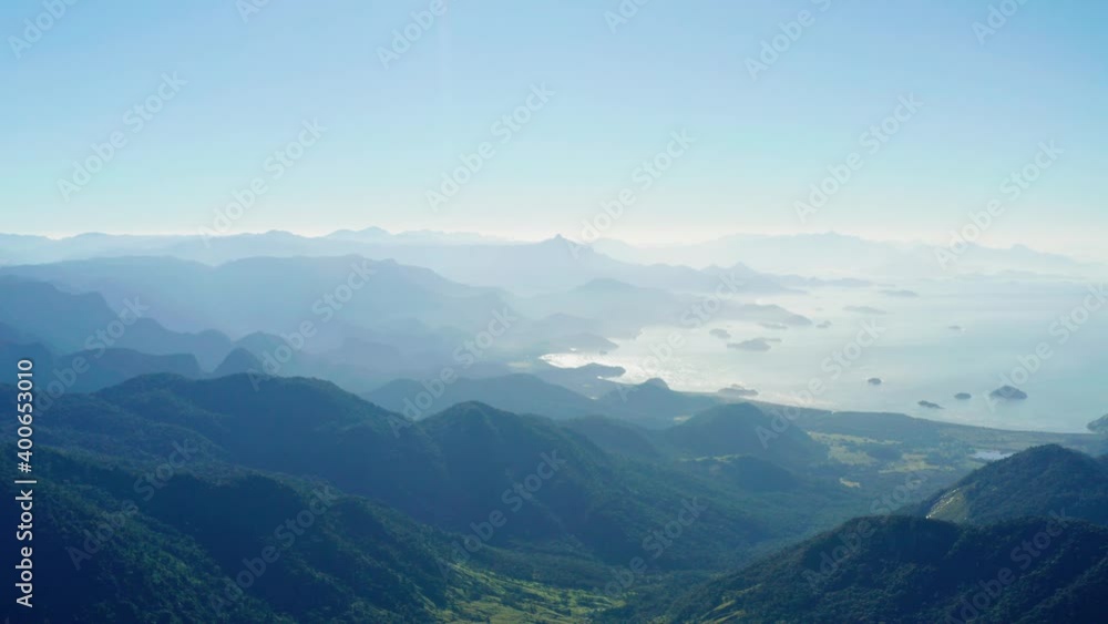Aerial view southeast Brazil coastline, up from the mountains - pan, drone shot Aerial view southeast Brazil coastline, up from the mountains - pan, drone shot