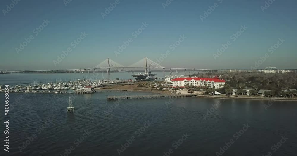 Charleston, SC aircraft carrier and marina from drone Charleston, SC aircraft carrier and marina from drone
