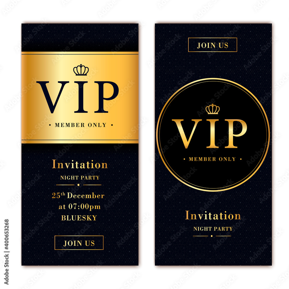 Naklejka premium Voucher template with gold and black certificate. Background design coupon, invitation, currency. Set of stylish gift voucher, pattern, gift card, coupon,VIP and invite.