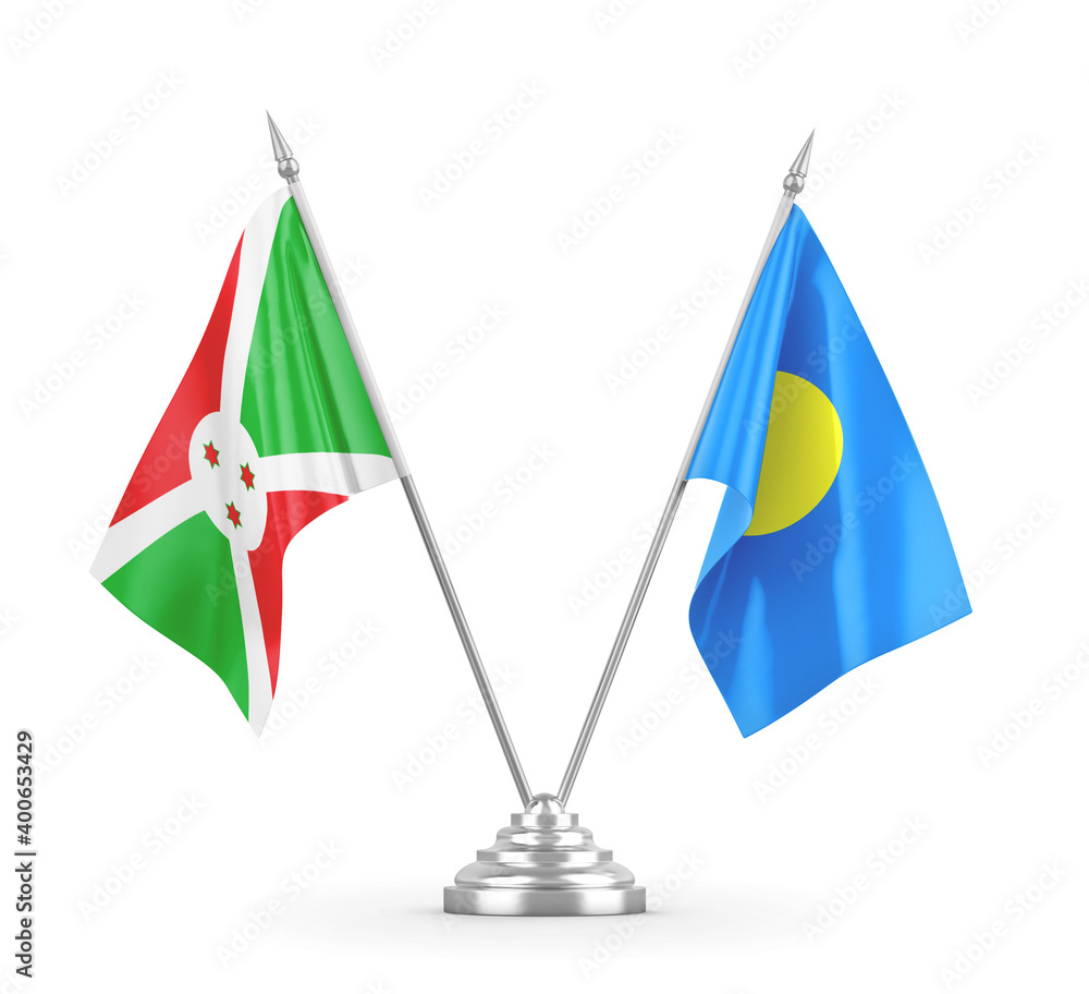 Palau and Burundi table flags isolated on white 3D rendering Palau and Burundi table flags isolated on white 3D rendering
