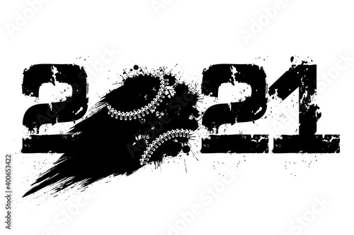 Abstract numbers 2021 and baseball ball made of blots in grunge style. 2021 New Year on an isolated background. Design pattern. Vector illustration