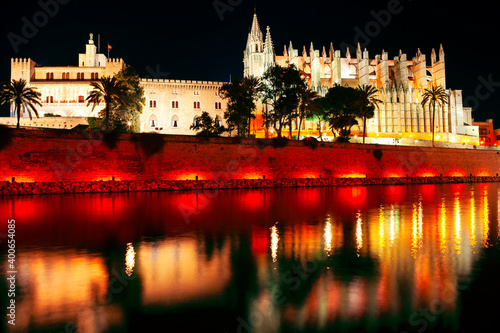 Catedral de Mallorca illuminated in the night . Catedral-Basilica de Santa Maria de Mallorca