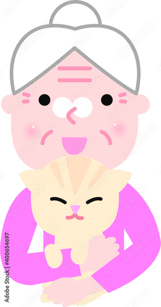 ほわほわタッチ、イラスト、ベクター、カット、かわいい、笑顔、女性、ペット、猫、お年寄り、老人、長生き、生き生き、cat、高齢者、パート ナー、飼う、飼育