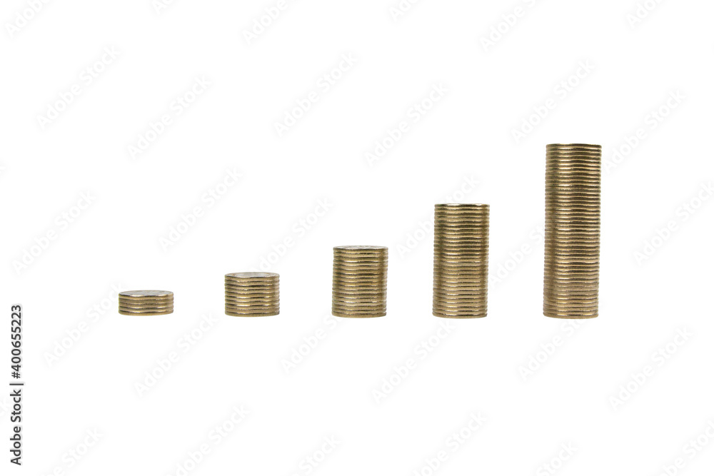 Stack of increasing coins isolated on white background Stack of increasing coins isolated on white background