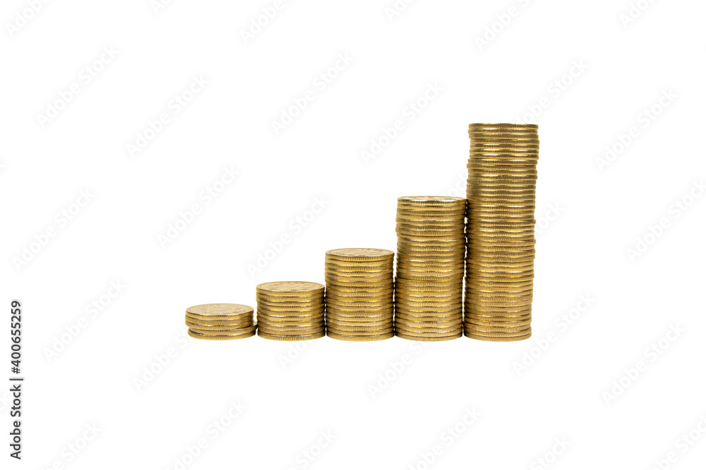 Stack of increasing coins isolated on white background Stack of increasing coins isolated on white background