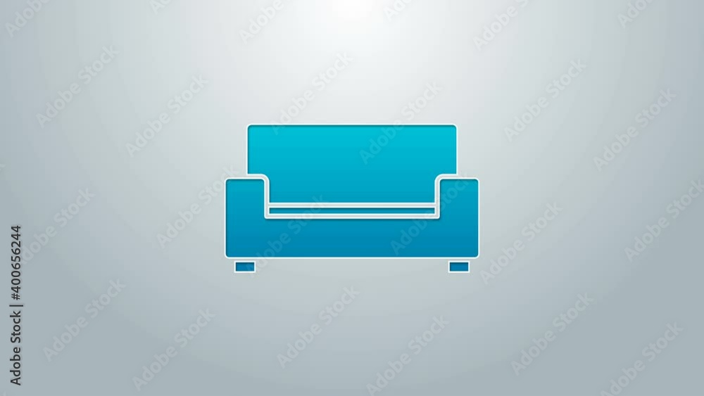Blue line Sofa icon isolated on grey background. 4K Video motion graphic animation