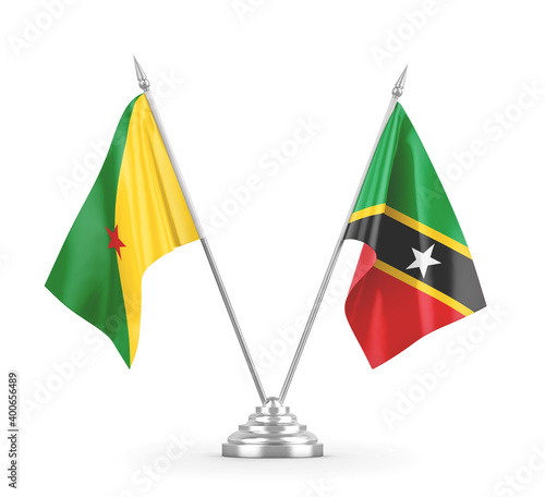 Saint Kitts and Nevis and French Guiana table flags isolated on white