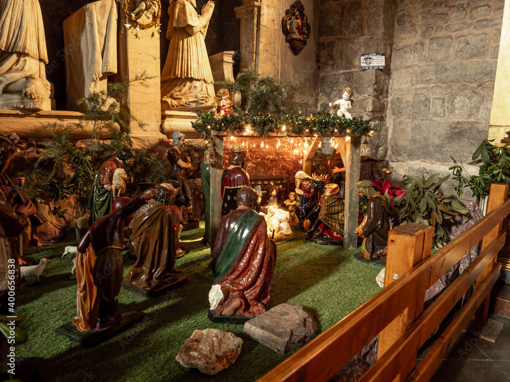 christmas crib inside catholic church for the holidays
