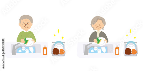 皿洗いをするシニアのイラスト