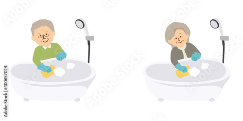 風呂掃除をするシニアのイラスト