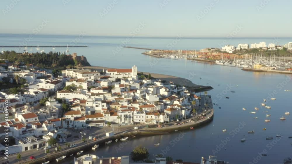 Amazing aerial view of Ferragudo and the marina, Portugal. Drone Amazing aerial view of Ferragudo and the marina, Portugal. Drone