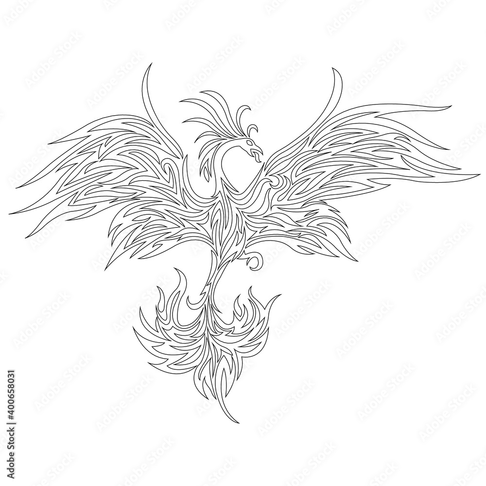 Phoenix bird in flight outline. Design for bird tattoo, decor, firebird ...