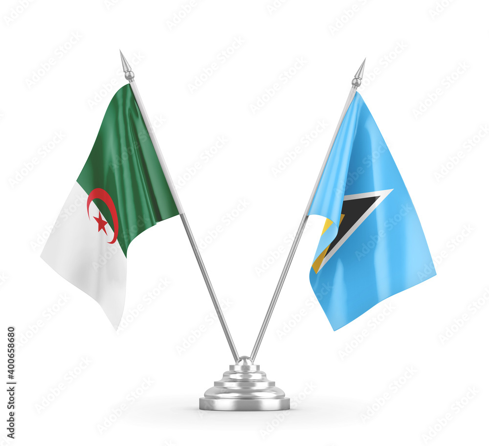 Saint Lucia and Algeria table flags isolated on white 3D rendering Saint Lucia and Algeria table flags isolated on white 3D rendering