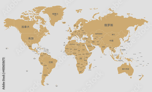 Political World Map vector illustration with country names in chinese. Editable and clearly labeled layers.