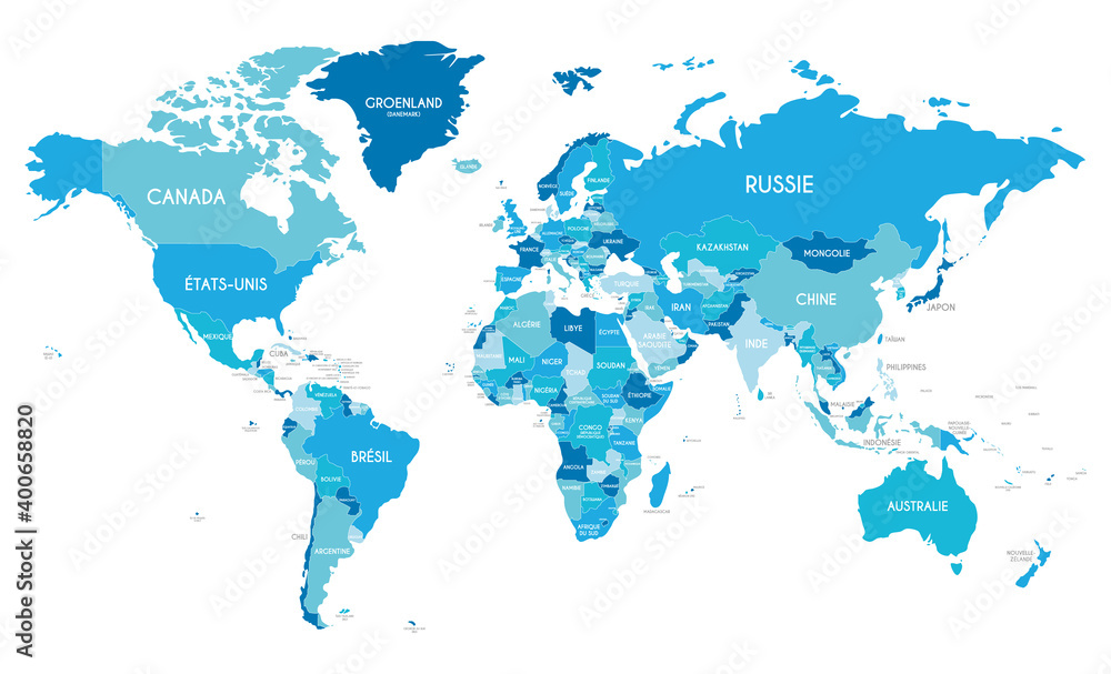 Obraz Ilustracja wektorowa polityczna mapa świata z różnymi odcieniami niebieskiego dla każdego kraju i nazwy kraju w języku francuskim. Edytowalne i wyraźnie oznaczone warstwy.