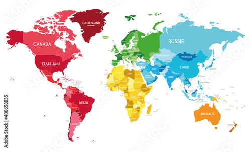 Political World Map vector illustration with different colors for each continent and different tones for each country, and country names in french. Editable and clearly labeled layers.