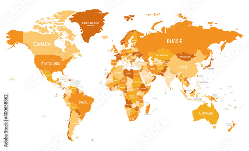 Political World Map vector illustration with different tones of orange for each country and country names in french. Editable and clearly labeled layers.
