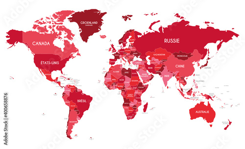 Political World Map vector illustration with different tones of red for each country and country names in french. Editable and clearly labeled layers.