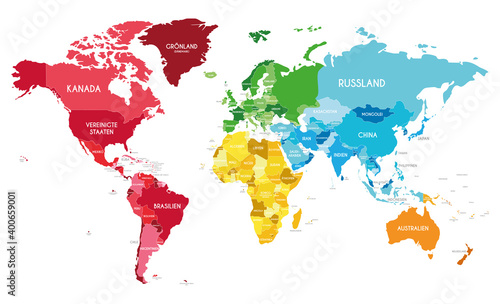 Political World Map vector illustration with different colors for each continent and different tones for each country, and country names in german. Editable and clearly labeled layers.