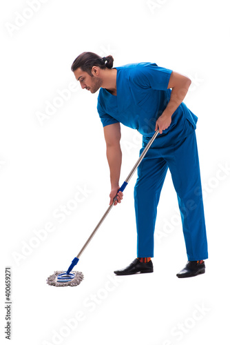 Young male assistant with mop isolated on white