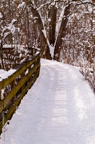 A wooden bridge on a hiking trail on a snowy winter day in Frick Park located in Pittsburgh, Pennsylvania, USA