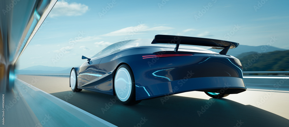 EV concept car run on the road. 3d rendering