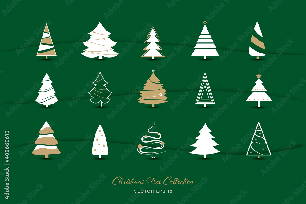 Obraz premium Modern Christmas tree icon set of 15 designs on green color background
