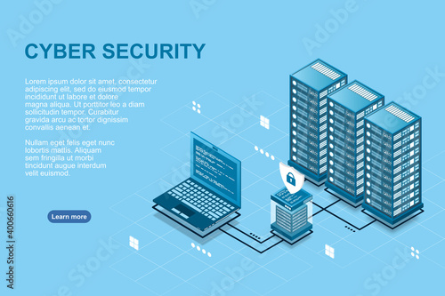 Network cyber security isometric vector illustration. Online server protection system concept with data center. Vector illustration