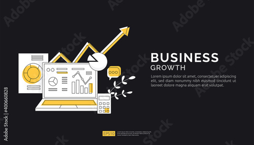 business growth arrows to success. Finance stretching rising up. Return on investment ROI concept. data report graph element and chart increase profit document on screen flat style vector illustration