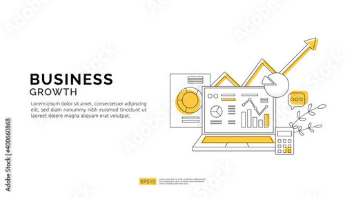 business growth arrows to success. Finance stretching rising up. Return on investment ROI concept. data report graph element and chart increase profit document on screen flat style vector illustration