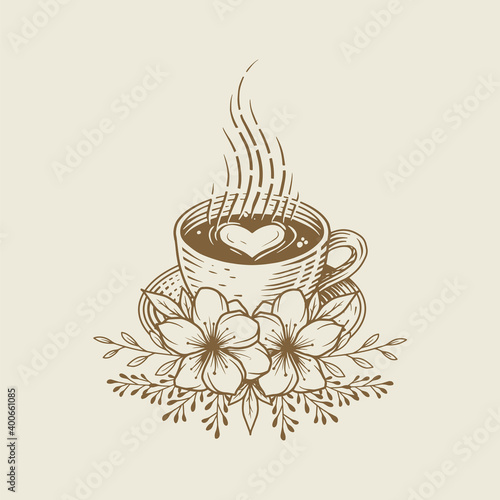 Cup of coffee latte with flower ornament. Vintage ink sketch drawing technique. Vector and illustration.
