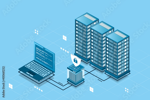 Network cyber security isometric vector illustration. Online server protection system concept with data center. Vector illustration