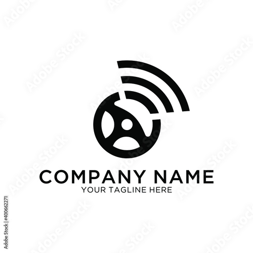 Vector car helm and wifi logo combination. Steering wheel and signal symbol or icon. Unique rudder and radio, internet logotype design template.