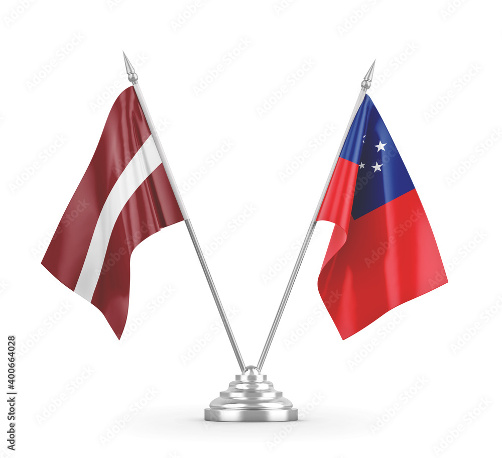 Samoa and Latvia table flags isolated on white 3D rendering