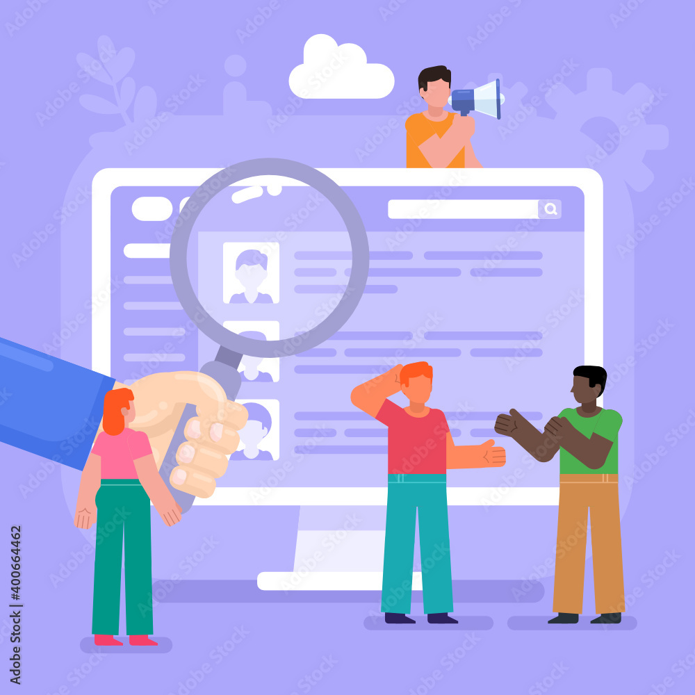 Employee search, vacancy, recruitment agency. Group of people search for employee in web page. Modern vector illustration