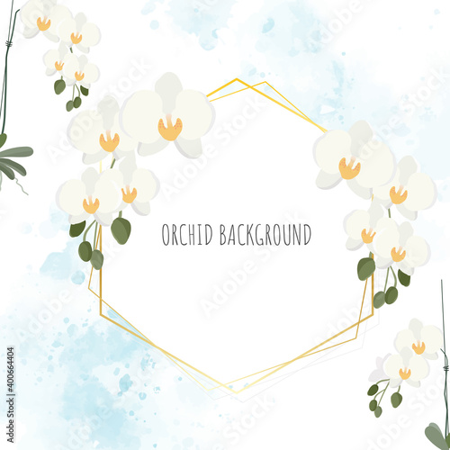 minimal flat style white Phalaenopsis orchid wreath with golden frame on blue watercolor splash square banner background