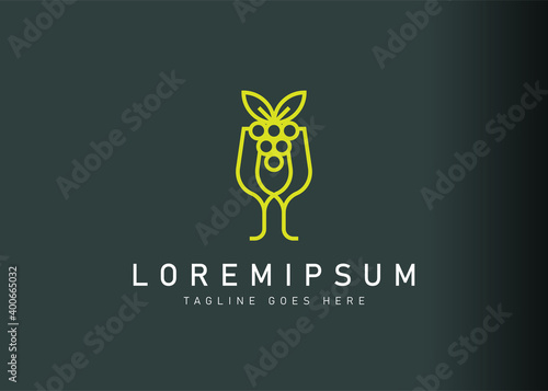 Green wine glass logo design. Icon vector illustration of green wine and glass. Modern logo design with line art style.