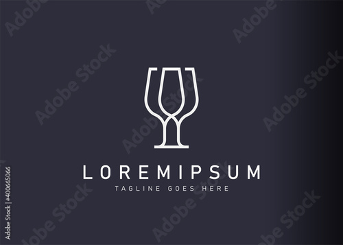 Wine glass logo design template. Icon vector illustration of stand cheers glass wine. Modern logo design with line art style.