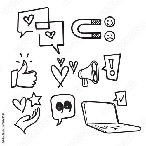 hand drawn set of feedback icons, research, comment, review, customer, survey, in doodle style vector isolated