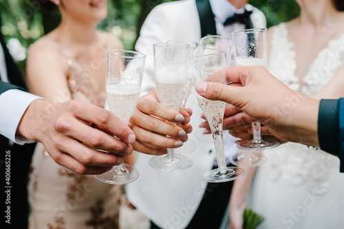 Cheers! Newlyweds with friends drink champagne of the outdoors. People celebrate and raise glasses of wine for toast. Group of men and women celebrate wedding.
