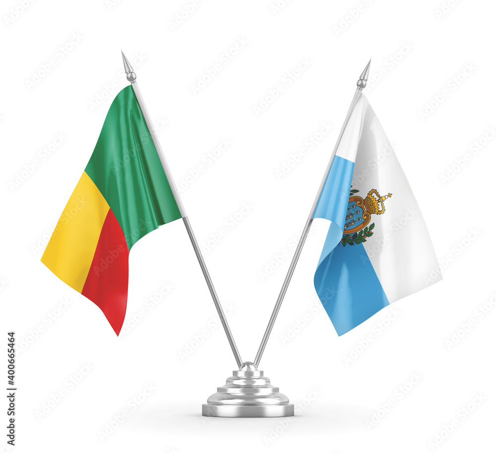 San Marino and Benin table flags isolated on white 3D rendering San Marino and Benin table flags isolated on white 3D rendering