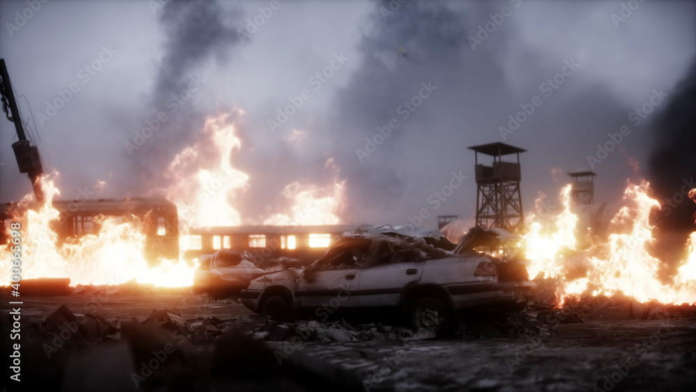 burning ruined apocalyptic city. Armageddon view. Realistic fire simulation. Postapocalyptic. 3d rendering