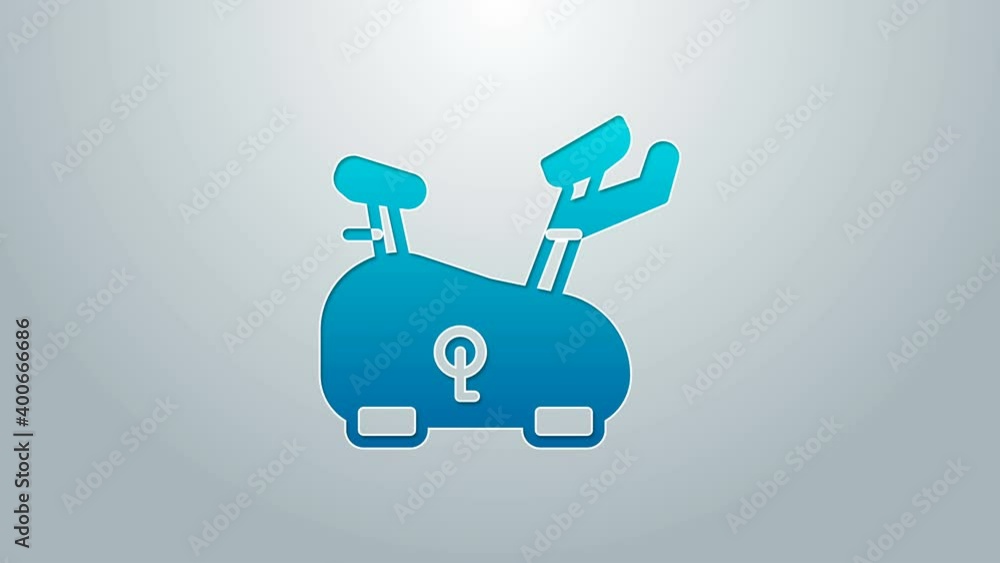 Blue line Stationary bicycle icon isolated on grey background. Exercise bike. 4K Video motion graphic animation